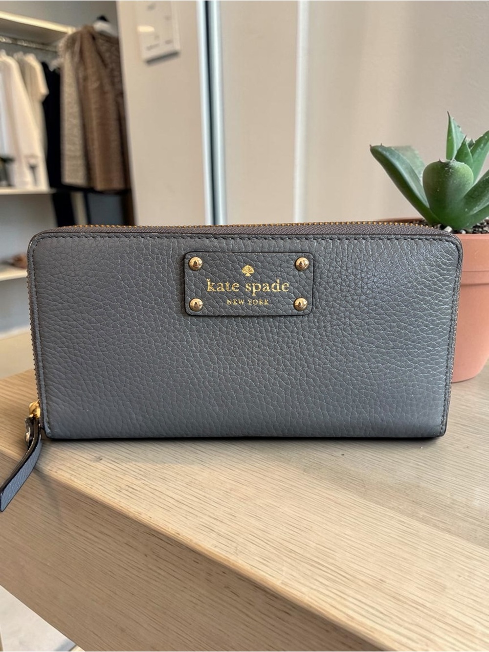 kate spade Gray Pebbled Leather Zip Around Wallet with Gold Plaque
